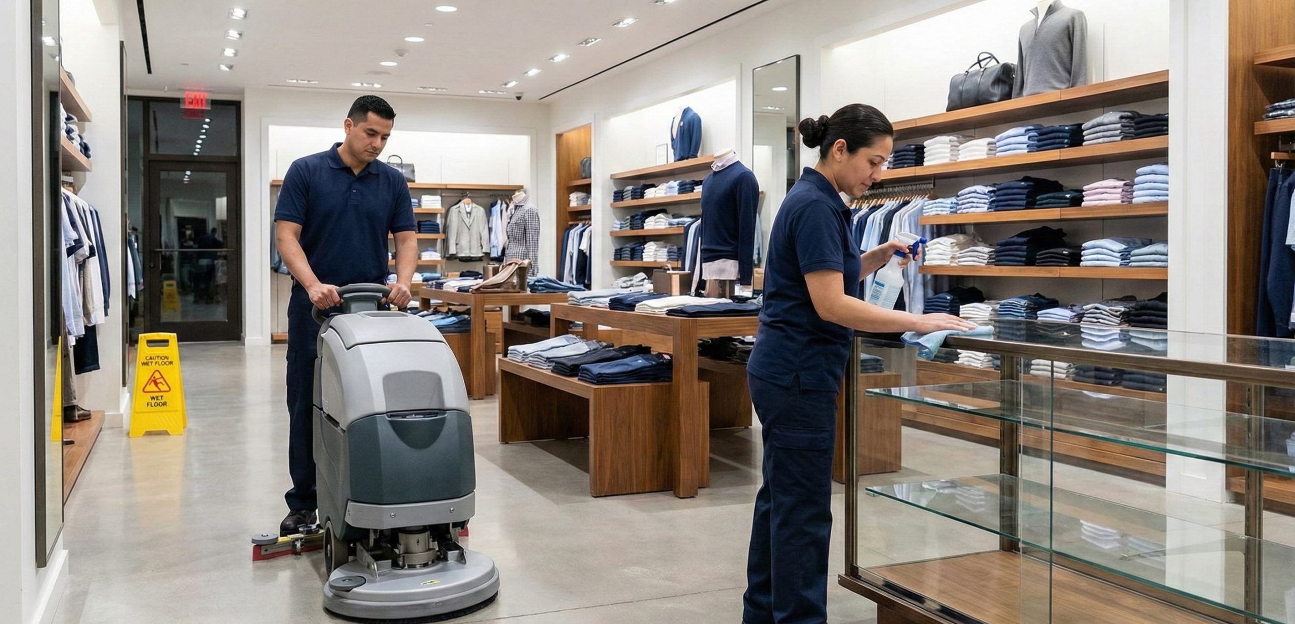 Two employees in uniforms are performing retail store cleaning; one uses a floor scrubber while the other wipes a glass display case.