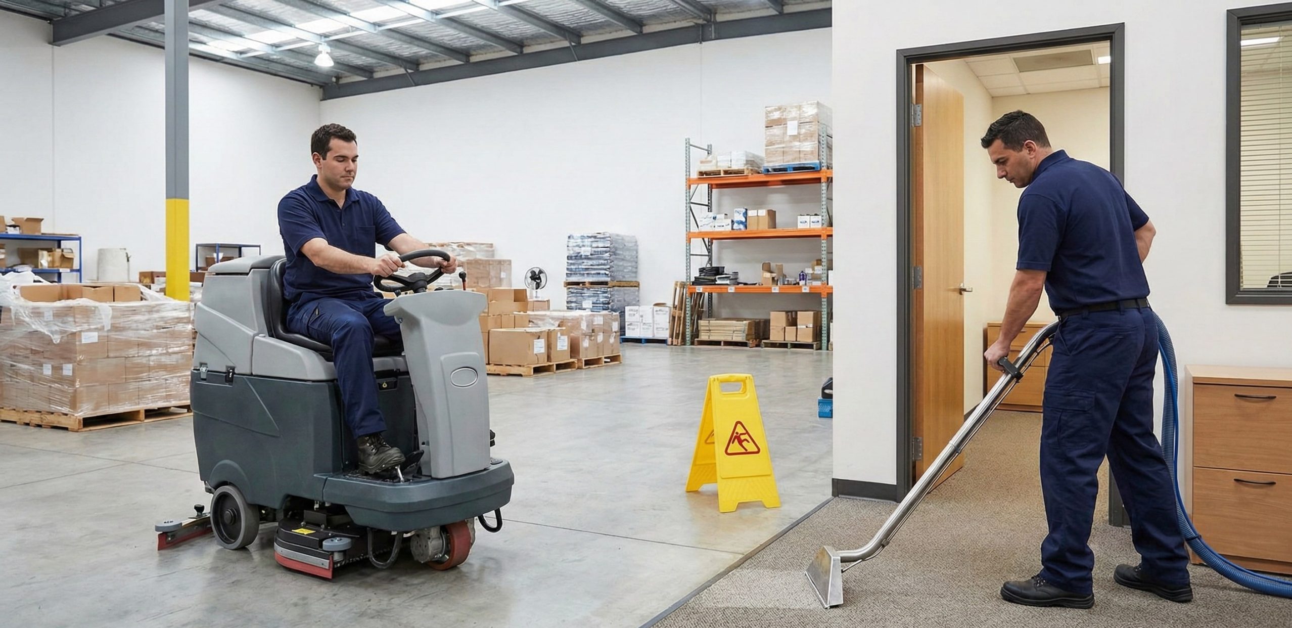 Two workers in uniforms provide floor care in a warehouse; one operates a ride-on scrubber on concrete, while the other uses a carpet cleaner on office carpet near a “wet floor” warning sign.