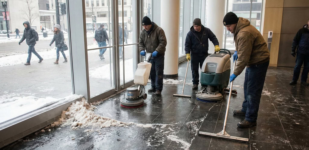 Three workers perform commercial floor cleaning in Kansas City, using machines and squeegees to clean a snowy, wet entrance floor as people walk outside in winter.